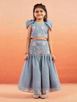Vastramay - Aqua Georgette Puffed Sleeves Floral Embroidered Choli & Lehenga (Set of 2)