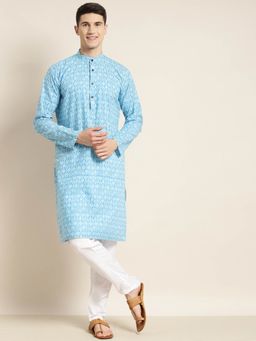SOJANYA - Men Cotton Turquoise Blue & White Printed Kurta with White Churidar Pyjama (Set of 2)