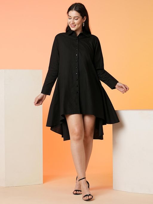 Buy Globus Women Black Shirt Collar Cuffed Sleeves Pleated High-Low Hem  Loose Fit A-Line Dress Online