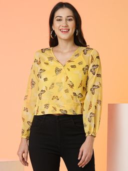 Globus - Women Yellow Wrap Neck Full Sleeve Top