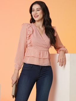 Globus - Women Peach V-Neck Full Sleeves Blouse