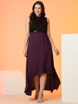 Globus - Women Wine Sequined High Low Hem Fit & Flare Maxi Party Dress