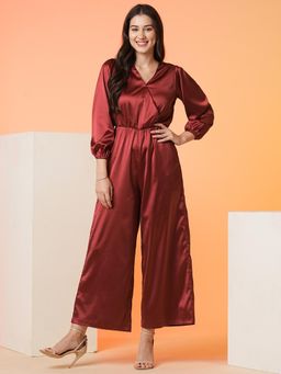 Globus - Women Maroon Wrap Neck Bishop Sleeves Party Wear Jumpsuit