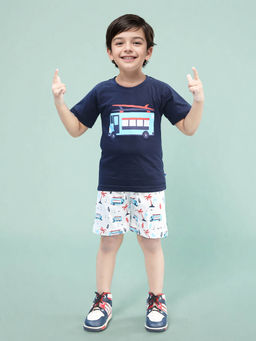Toonyport - Navy Blue Printed Cotton T-Shirt with Shorts