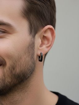 NVR - Men's Black Rhodium Plated Geometric Shaped Hoop Earrings