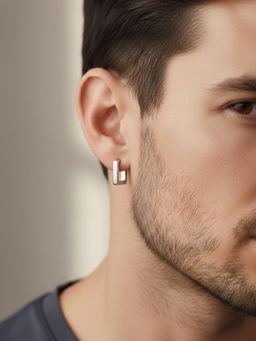 NVR - Men's Silver Plated Geometric Shaped Hoop Earrings