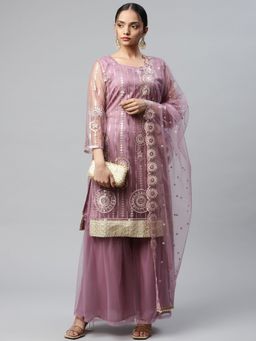 Readiprint - Unstitched Straight Net Mauve Kurti with Bottom & Dupatta (Set of 3)