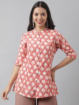 Divena - Peach Floral Printed Rayon A-Line Shirt Style Top