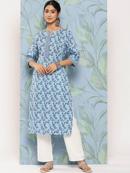 Libas - Blue Cotton All-Over Printed Straight Kurta