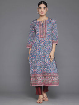Libas - Blue Crepe Floral Printed Straight Kurta