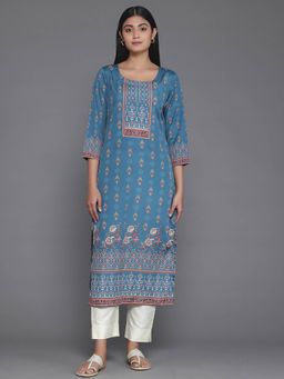 Libas - Blue Crepe Floral Printed Straight Kurta