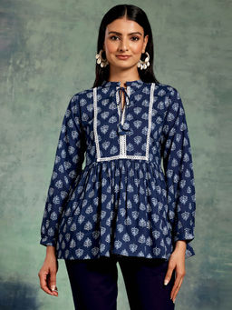 Libas - Indigo Cotton Floral Printed Yoke Design A-Line Tunic