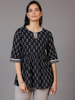 Libas - Black Cotton Paisley Printed A-Line Tunic