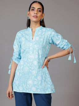 Libas - Women Floral Printed Blue Kurti With A Short Button Placket