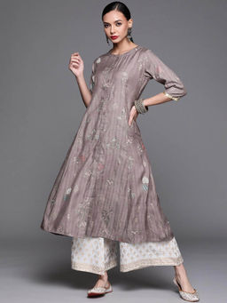 Libas - Grey Cotton Silk Printed A-Line Kurta With One Side Pocket