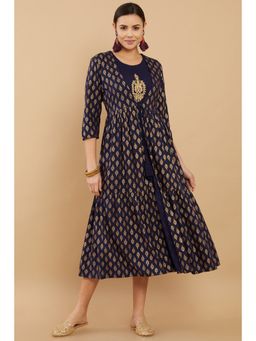Soch - Women Navy Blue Cotton Embroidery Dress with Jacket (Set of 2)
