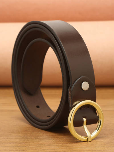 Women Coffee Brown And Gold Tone Solid Genuine Leather Belt