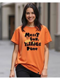 Bewakoof - Women's Orange Messy Bun Typography Boyfriend T-shirt