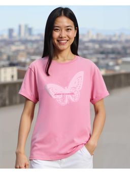 Bewakoof - Women's Prism Pink Butter Fly Graphic Printed Boyfriend T-shirt