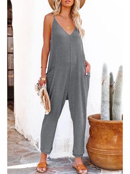 Errabelly - Green Textured Sleeveless V-Neck Pocketed Casual Jumpsuit