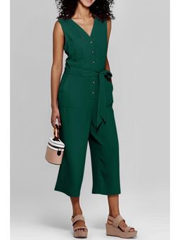 Errabelly - Green Buttoned Sleeveless Cropped Jumpsuit with Sash