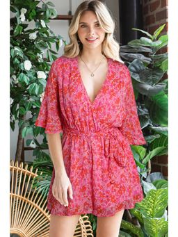 Errabelly - Pink V Neck Ruffled Sleeve Floral Playsuit with Belt (Set of 2)