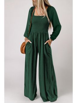 Errabelly - Green Smocked Square Neck Long Sleeve Wide Leg Jumpsuit