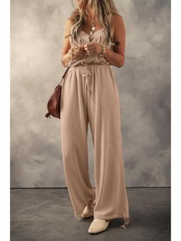 Errabelly - Pale Khaki Knotted Straps Button Textured Drawstring Jumpsuit