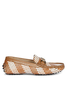 Saint G - Lucy Tan & White Woven Leather Loafers