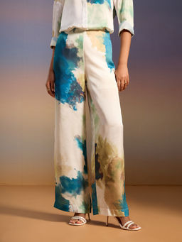 RSVP by Nykaa Fashion - White and Teal Abstract Print Tie and Dye Straight Fit Satin Pants