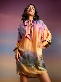 RSVP by Nykaa Fashion - Multicolor Printed Tie Up Neck Balloon Sleeves Short Satin Shift Dress