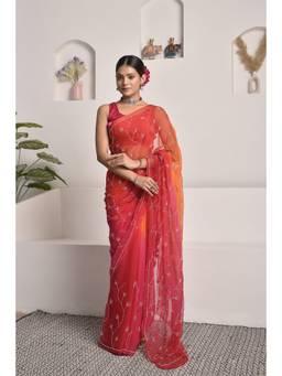 Sutra Attire - Red and Orange Shaded Hand-Embellished Tubelight Chiffon Saree