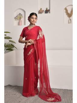 Sutra Attire - Red Hand-Embellished Floral Buta Chiffon Saree