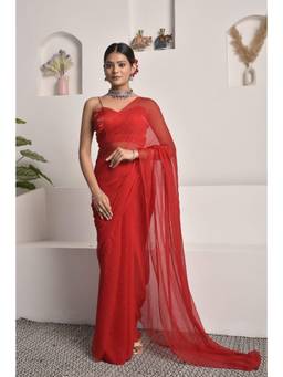Sutra Attire - Scarlet Red Hand-Embellished Mukaish Work Chiffon Saree