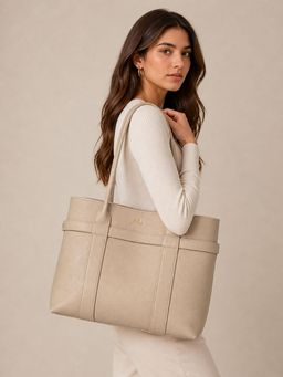 Yelloe - Beige Saffiano Expandable Tote Bag