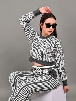 NOBARR - Women's Cotton Knitted Crop Top and Trouser Grey Co-Ord (Set of 2)