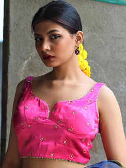 Chidiyaa - Passionate Pink Hand Embroidered Sleeveless Blouse In Mashru Silk - Gazala