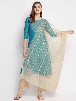 Dupatta Bazaar - Womens Gold Checkered Woven Organza Dupatta