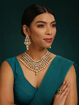 MINAKI - 22K Gold Plated Necklace Set Kundan Embellished Pearls with Matching Earrings