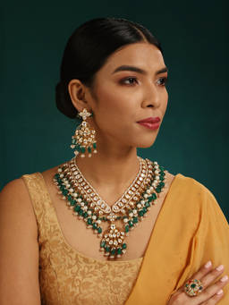 MINAKI - 22K Gold Plated Necklace Set Kundan Emerald Color Beads Pearls with Matching Earrings