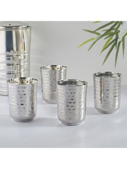 HomeTown - Glisto Stainless Steel Hammered Drinking Glass & Tumbler Set Of 4 In Silver Colour