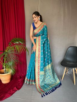 EXCLUSIVA - Blue Woven Patola Saree with Unstitched Blouse