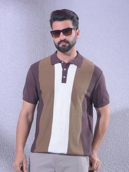 CRIMSOUNE CLUB - Mens Brown Colorblocked 100% Cotton Polo T-Shirt