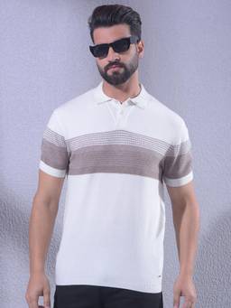 CRIMSOUNE CLUB - Mens Off White Horizontal Stripes Knitted Polo T-Shirt