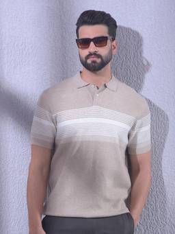 CRIMSOUNE CLUB - Mens Beige Horizontal Stripes Knitted Polo T-Shirt