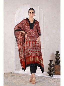 Geroo Luxe - Red Hand Block Printed Modal Silk Kaftan Kurta with Pant