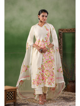 Geroo Luxe - White Hand Painted Floral Chanderi Cotton Kurta with Pant & Dupatta