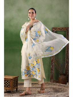Geroo Luxe - White Hand Painted Chanderi Cotton Kurta with Pant & Dupatta