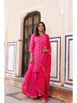 Geroo Luxe - Pink Banarasi Silk Gota Hand Embellished Kurta With Sharara & Dupatta
