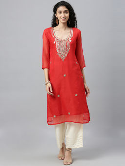 Geroo Luxe - Red Hand Embroidered Chanderi Kurta with Palazzo